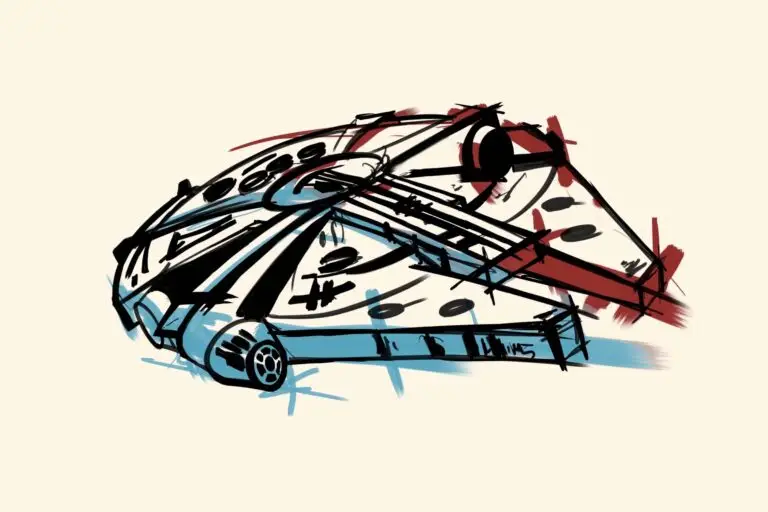 Peinture numérique au format horizontal 90×60 cm représentant le Faucon Millenium de Star Wars en dessin de presse au trait noir énergique, antenne radar circulaire visible, mandibules avant et propulseurs latéraux suggérés au feutre, brossages d'aplats bleu sous la coque et rouge derrière l'arrière façon offset mal calé, fond crème papier.