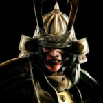 Peinture numérique abouti en clair-obscur d'un casque de samouraï Kensei avec masque de protection rouge, fond noir.