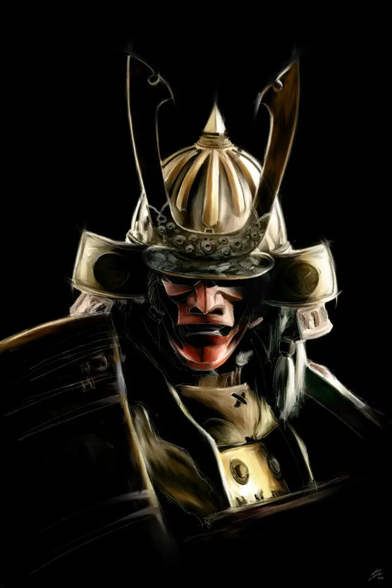 Peinture numérique abouti en clair-obscur d'un casque de samouraï Kensei avec masque de protection rouge, fond noir.