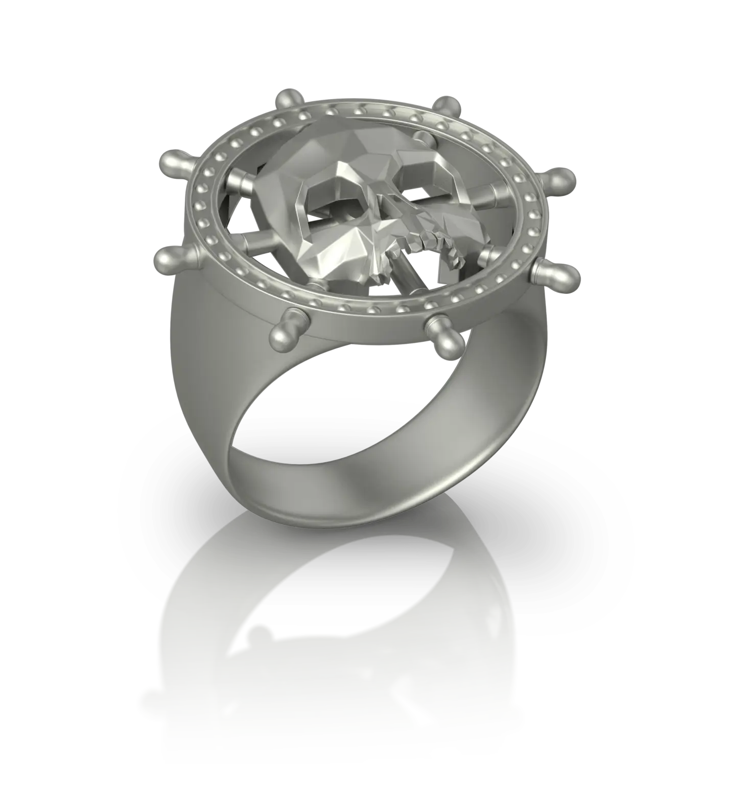 Chevalière Skull and Bones de Jocelyn Bouget : chevalière Fan Art en acier inoxydable, motif gouvernail de navire pirate, modélisée en 3D et imprimée par Sculpteo.