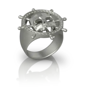 Chevalière Skull and Bones de Jocelyn Bouget : chevalière Fan Art en acier inoxydable, motif gouvernail de navire pirate, modélisée en 3D et imprimée par Sculpteo.