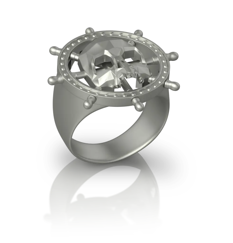 Chevalière Skull and Bones de Jocelyn Bouget : chevalière Fan Art en acier inoxydable, motif gouvernail de navire pirate, modélisée en 3D et imprimée par Sculpteo.