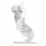 Sculpture Immortelle Grid de Jocelyn Bouget : buste féminin imprimé en 3D SLS de couleur blanche, vue de profil-trois-quarts gauche, format 65 × 35 × 35 cm. Pas de tête ni de bras. Le buste est entièrement constitué d'un treillage de bandes verticales et horizontales croisées en angles droits, qui dessine les courbes du corps en filigrane sans jamais les combler. Les lignes verticales dépassent en haut et en bas du buste comme des roseaux qui montent et qui retombent. Pièce architecturale et minimaliste. Posée sur un socle blanc plat.