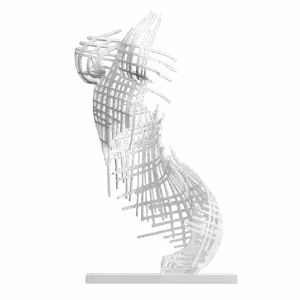 Sculpture Immortelle Grid de Jocelyn Bouget : buste féminin imprimé en 3D SLS de couleur blanche, vue de profil-trois-quarts gauche, format 65 × 35 × 35 cm. Pas de tête ni de bras. Le buste est entièrement constitué d'un treillage de bandes verticales et horizontales croisées en angles droits, qui dessine les courbes du corps en filigrane sans jamais les combler. Les lignes verticales dépassent en haut et en bas du buste comme des roseaux qui montent et qui retombent. Pièce architecturale et minimaliste. Posée sur un socle blanc plat.