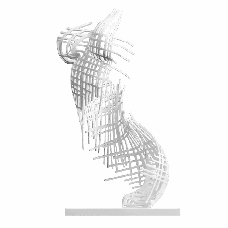 Sculpture Immortelle Grid de Jocelyn Bouget : buste féminin imprimé en 3D SLS de couleur blanche, vue de profil-trois-quarts gauche, format 65 × 35 × 35 cm. Pas de tête ni de bras. Le buste est entièrement constitué d'un treillage de bandes verticales et horizontales croisées en angles droits, qui dessine les courbes du corps en filigrane sans jamais les combler. Les lignes verticales dépassent en haut et en bas du buste comme des roseaux qui montent et qui retombent. Pièce architecturale et minimaliste. Posée sur un socle blanc plat.
