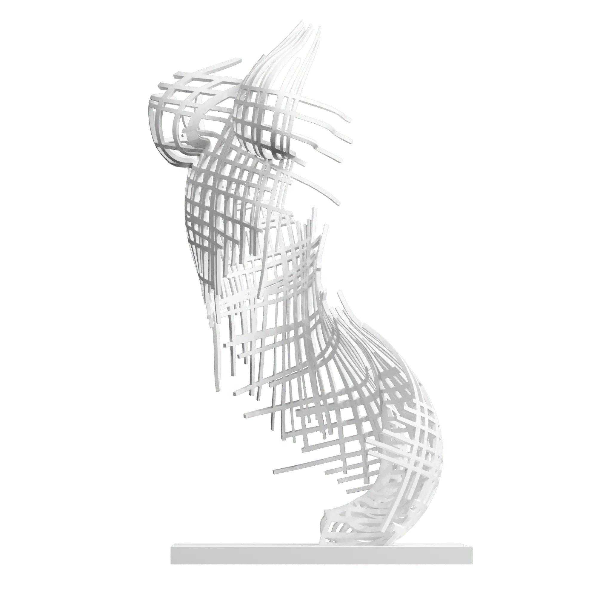 Sculpture Immortelle Grid de Jocelyn Bouget : buste féminin imprimé en 3D SLS de couleur blanche, vue de profil-trois-quarts gauche, format 65 × 35 × 35 cm. Pas de tête ni de bras. Le buste est entièrement constitué d'un treillage de bandes verticales et horizontales croisées en angles droits, qui dessine les courbes du corps en filigrane sans jamais les combler. Les lignes verticales dépassent en haut et en bas du buste comme des roseaux qui montent et qui retombent. Pièce architecturale et minimaliste. Posée sur un socle blanc plat.
