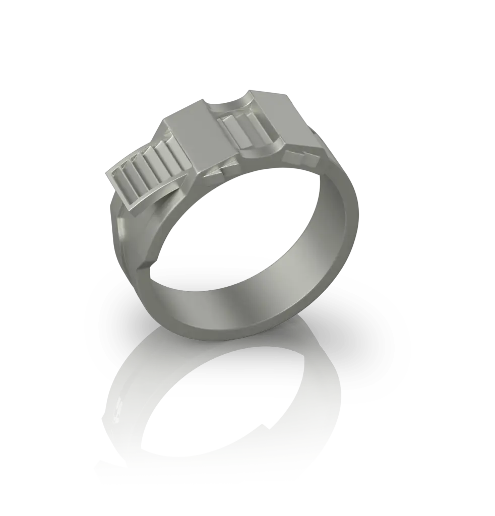 Bague Grip de Jocelyn Bouget : bague design en acier inoxydable à motif strié, modélisée en 3D et imprimée par Sculpteo. Création originale.