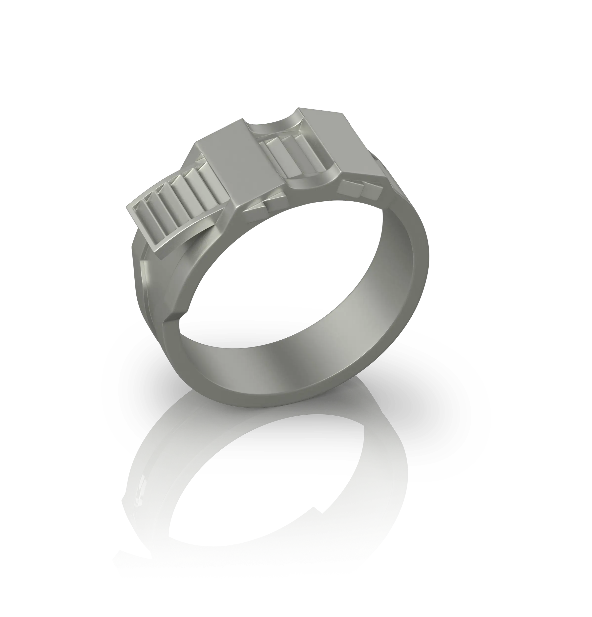 Bague Grip de Jocelyn Bouget : bague design en acier inoxydable à motif strié, modélisée en 3D et imprimée par Sculpteo. Création originale.