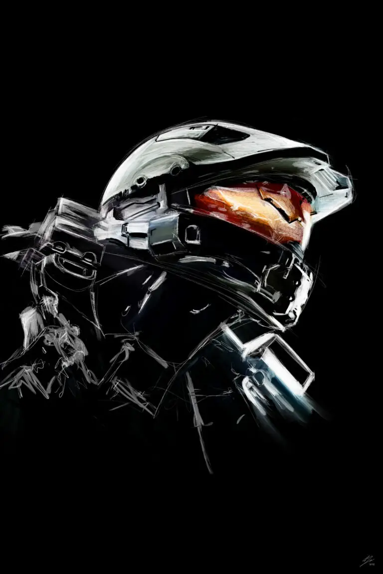 Peinture numérique au style esquissé et nerveux représentant le casque du Master Chief de Halo sur fond noir.