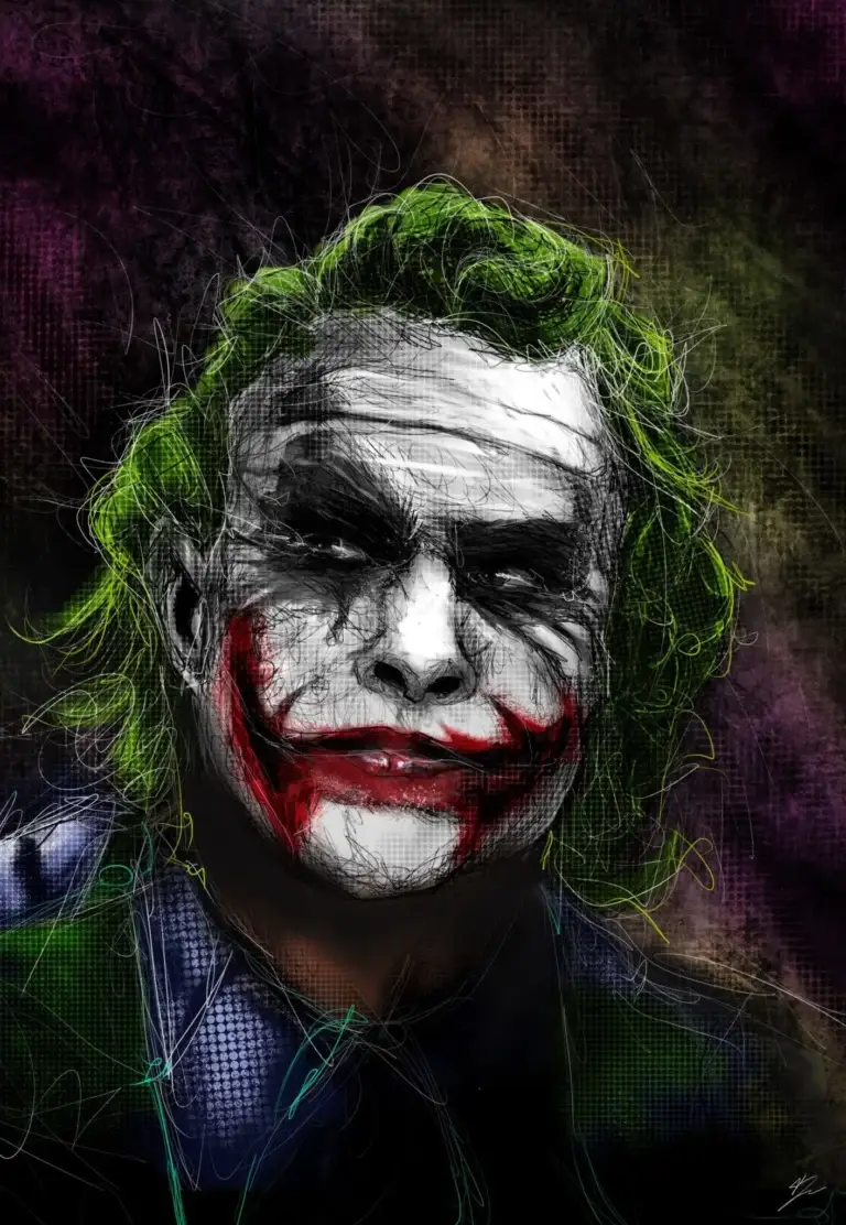 Peinture numérique de Heath Ledger en Joker dans The Dark Knight de Christopher Nolan, portrait gros plan trois-quarts gauche, maquillage blanc écaillé, Glasgow smile rouge bavé, cheveux verts emmêlés gras, regard fatigué amusé, sourire en coin, costume violet et bleu, style mi-précision mi-esquisse aux hachures apparentes sur fond grunge halftone.