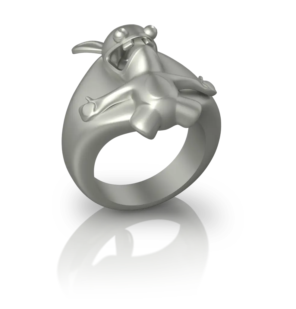 Chevalière Lapins Crétins de Jocelyn Bouget : chevalière Fan Art en acier inoxydable, motif inspiré de la franchise de jeu vidéo, modélisée en 3D et imprimée par Sculpteo.