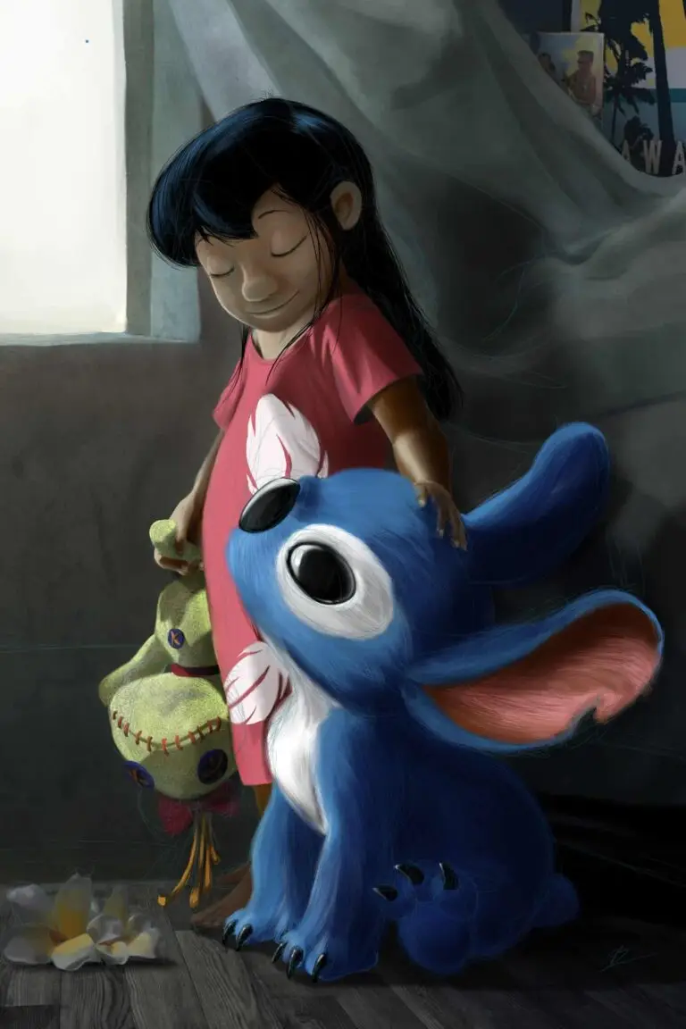 Peinture numérique abouti de Lilo et Stitch partageant un moment de tendresse 'Ohana'. Lilo caresse Stitch en tenant sa poupée Scrump. Impression d'art sur Dibond mat.