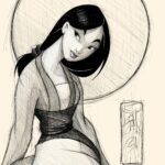 Portrait en croquis numérique de Mulan, style crayonné abouti sur fond crème avec un cercle en arrière-plan. Impression d'art sur Dibond mat.