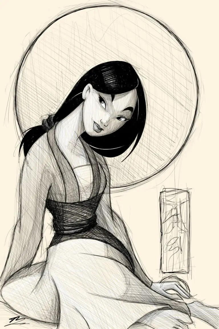 Portrait en croquis numérique de Mulan, style crayonné abouti sur fond crème avec un cercle en arrière-plan. Impression d'art sur Dibond mat.