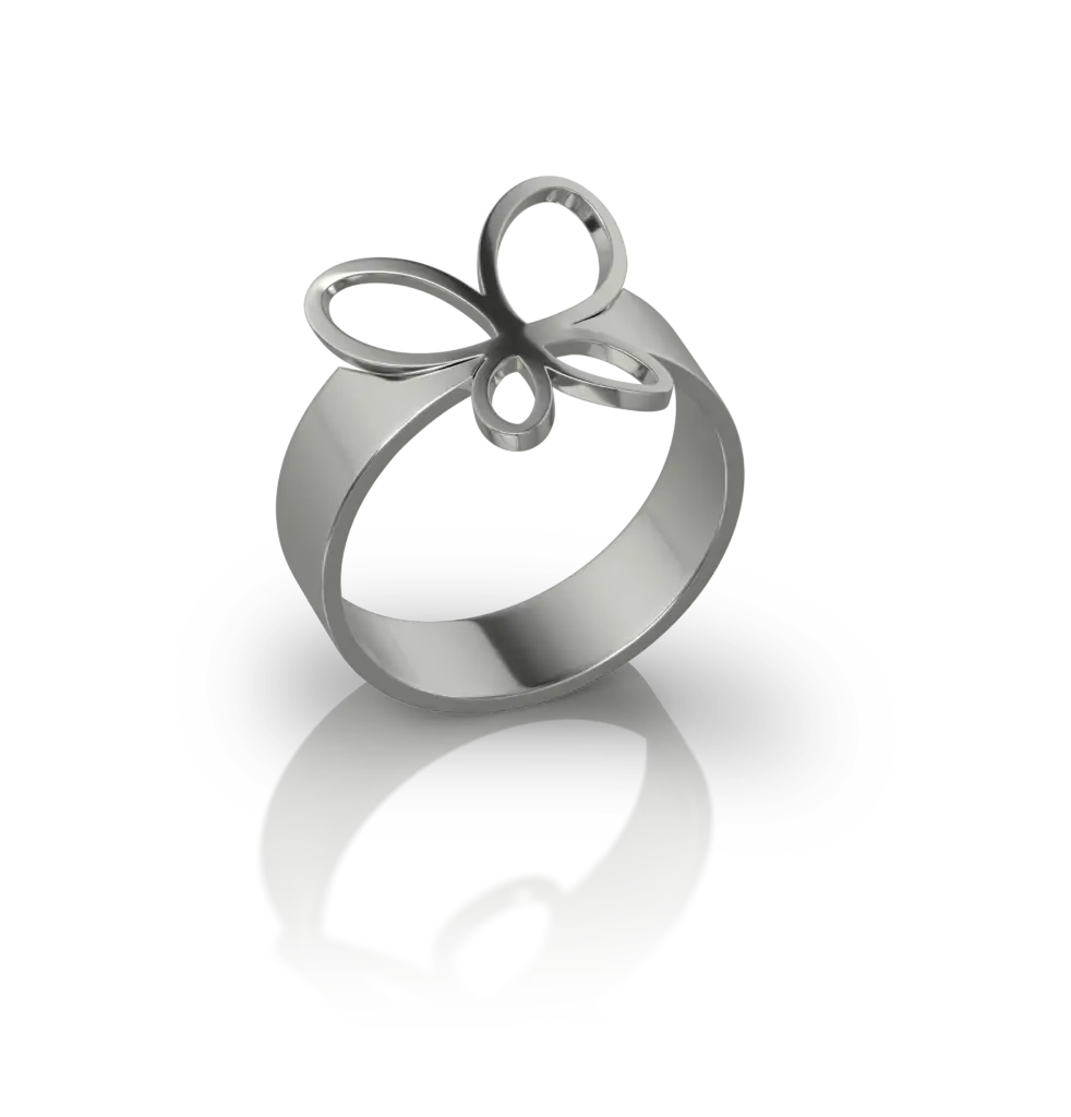 Bague Papillon de Jocelyn Bouget : bague à motif papillon en acier inoxydable, modélisée en 3D et imprimée par Sculpteo. Création originale.
