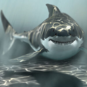 Gros plan artistique sur un grand requin blanc, mettant en évidence les jeux de lumière (caustiques) peints à la main sur son dos.