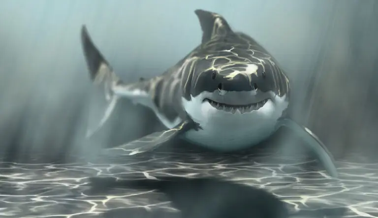 Gros plan artistique sur un grand requin blanc, mettant en évidence les jeux de lumière (caustiques) peints à la main sur son dos.