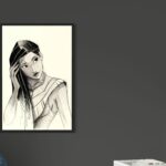 Mise en situation du tableau 'Pocahontas' de Jocelyn Bouget, un croquis numérique encadré d'une caisse américaine noire.