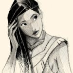 Portrait en croquis numérique de Pocahontas, style crayonné abouti sur fond crème. Impression d'art sur Dibond mat.