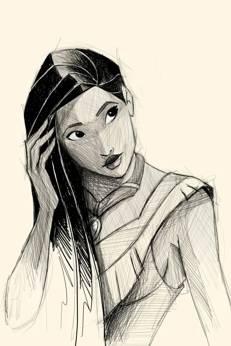 Portrait en croquis numérique de Pocahontas, style crayonné abouti sur fond crème. Impression d'art sur Dibond mat.