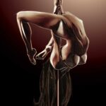 Peinture numérique au format vertical 60×90 cm représentant une figure féminine en pole dance en suspension inversée sur la barre, corps en arc cambré, longue chevelure noire descendant en cascade vers le bas du cadre, lingerie noire, palette camaïeu rouge bordeaux profond en dégradé radial sur fond noir.