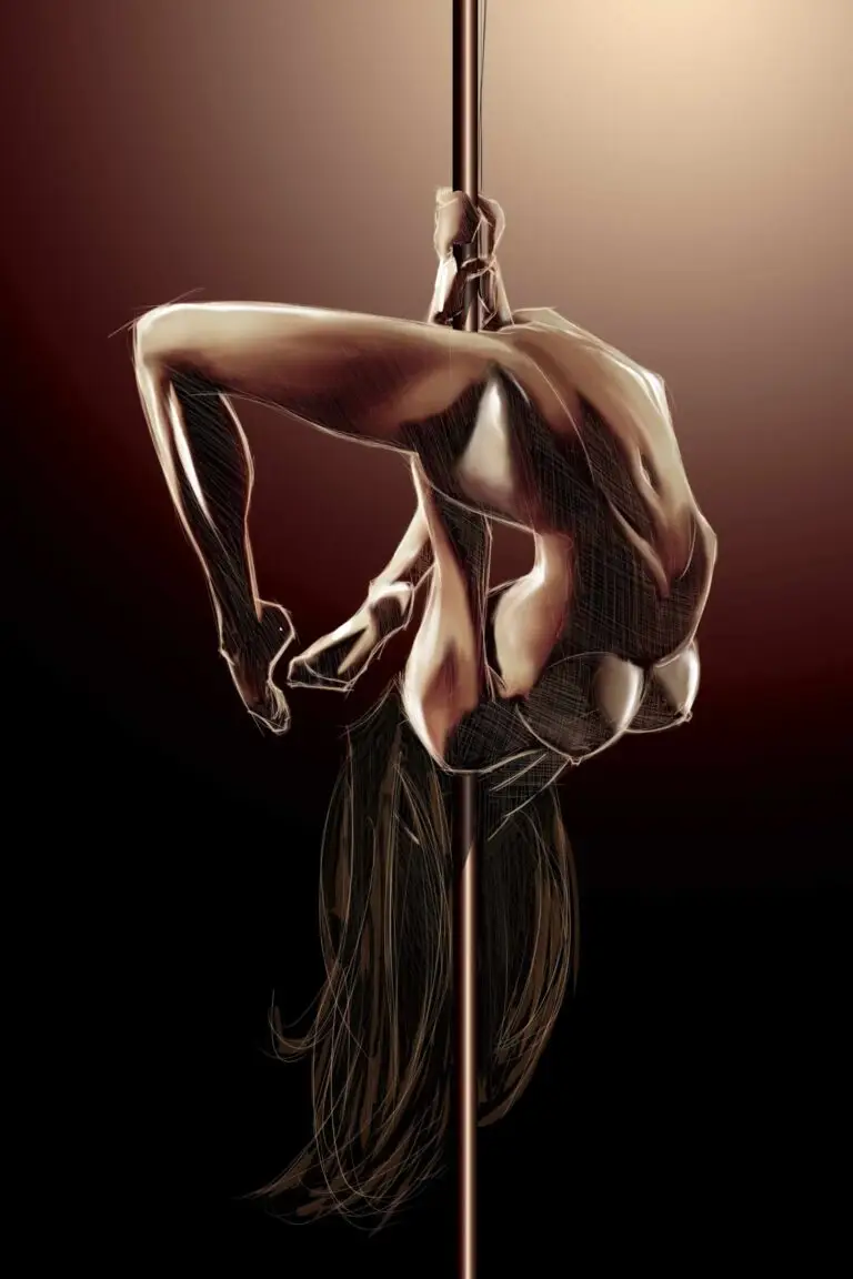 Peinture numérique au format vertical 60×90 cm représentant une figure féminine en pole dance en suspension inversée sur la barre, corps en arc cambré, longue chevelure noire descendant en cascade vers le bas du cadre, lingerie noire, palette camaïeu rouge bordeaux profond en dégradé radial sur fond noir.