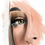 Portrait numérique abouti de l'œil noisette de Kate Moss avec un maquillage smoky, style Katopunk. Impression d'art sur Dibond mat et caisse américaine.