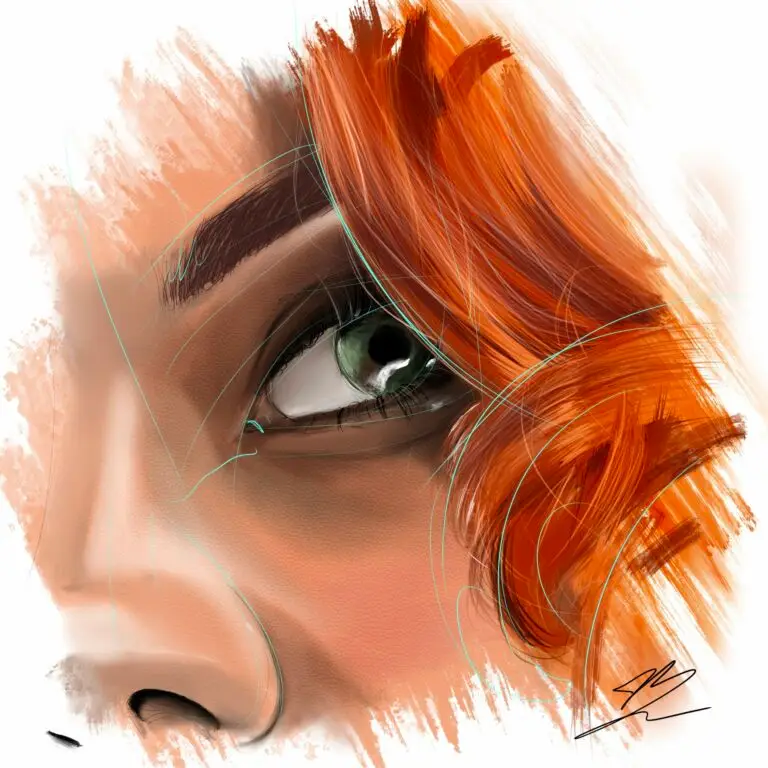 Gros plan peinture numérique abouti de l'œil vert de Scarlett Johansson avec sa chevelure rousse distinctive (style Black Widow). Impression d'art sur Dibond mat.
