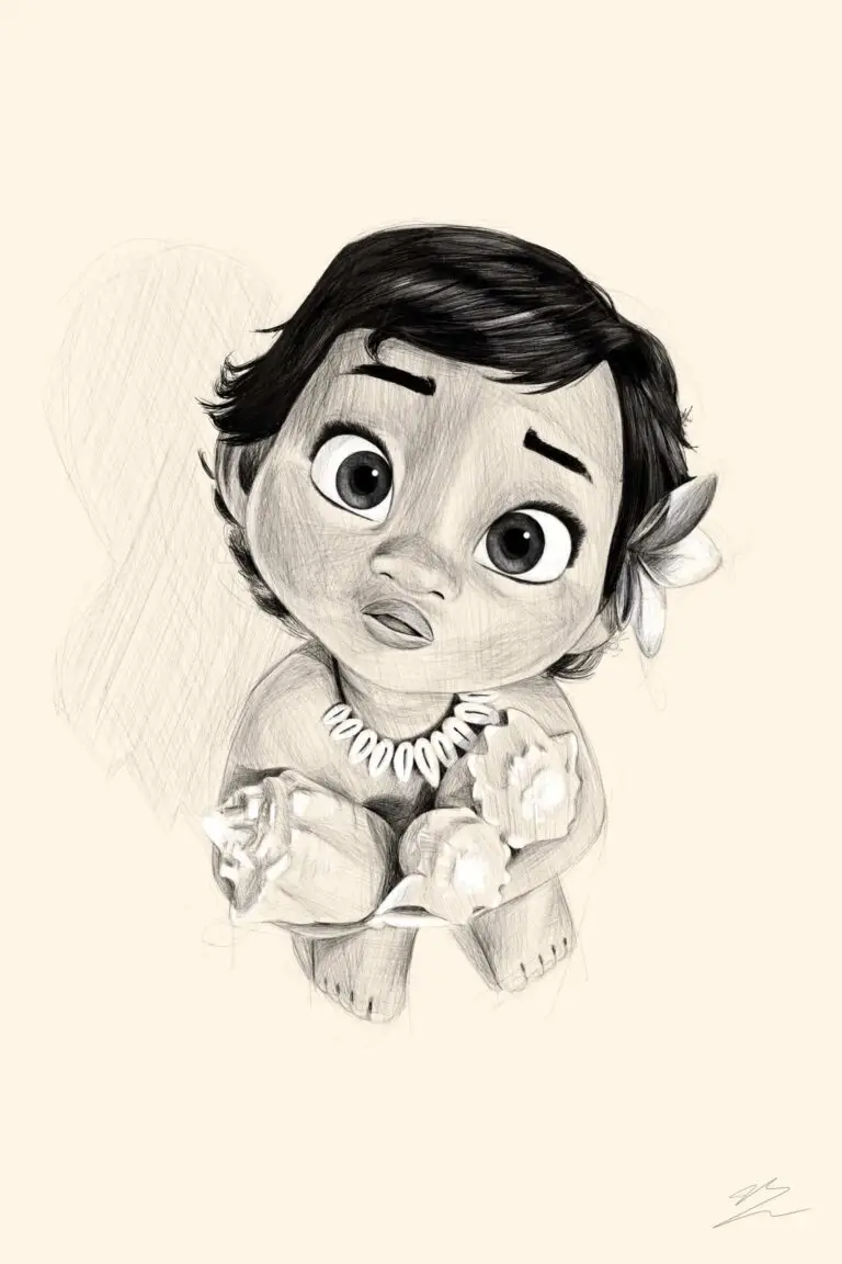 Croquis numérique abouti de Vaiana enfant (bébé) regardant vers le haut, dessin style crayonné. Impression d'art sur Dibond mat.