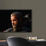 Peinture numérique réaliste de Ragnar Lothbrok de la série Vikings, regard intense et hache sur l'épaule, sur fond noir. Impression d'art Dibon mat.