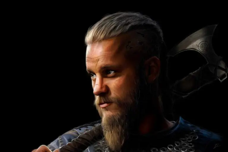 Peinture numérique abouti de Ragnar Lothbrok de la série Vikings, regard intense et hache sur l'épaule, sur fond noir. Impression d'art Dibond mat.