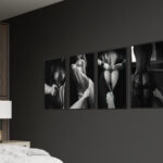 Série de quatre œuvres numériques réalistes 'Catch' par Jocelyn Bouget, installées dans une chambre moderne.