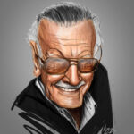 Portrait numérique de Stan Lee en hommage, sourire éclatant et lunettes aviator, style mi-esquisse mi-précision avec trait crayonné apparent, créateur de l'univers Marvel.