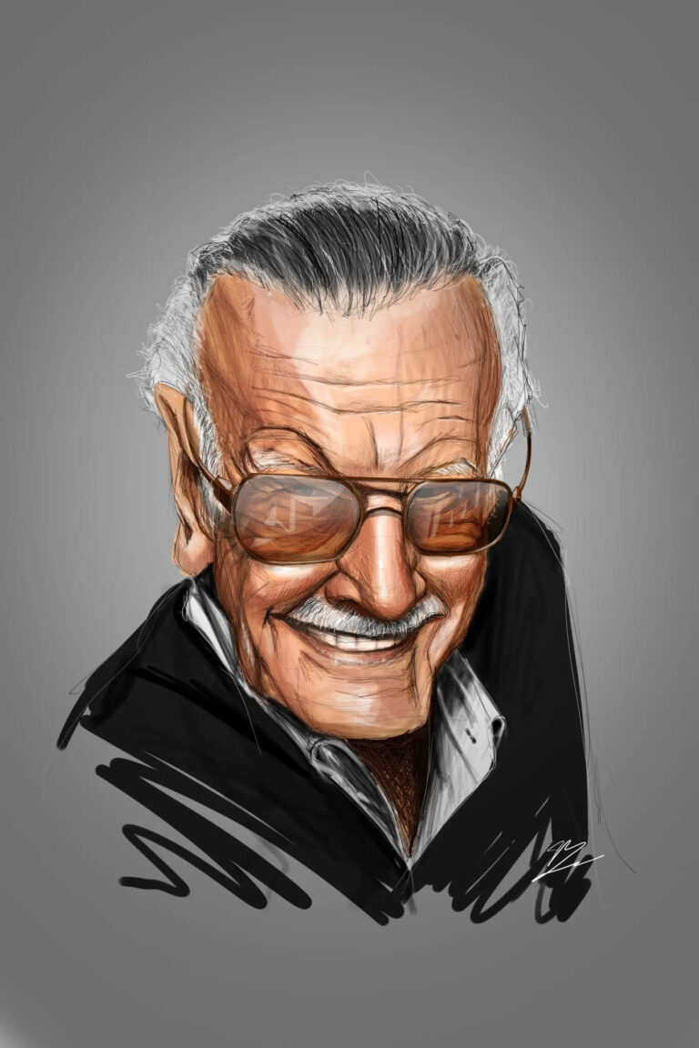 Portrait numérique de Stan Lee en hommage, sourire éclatant et lunettes aviator, style mi-esquisse mi-précision avec trait crayonné apparent, créateur de l'univers Marvel.