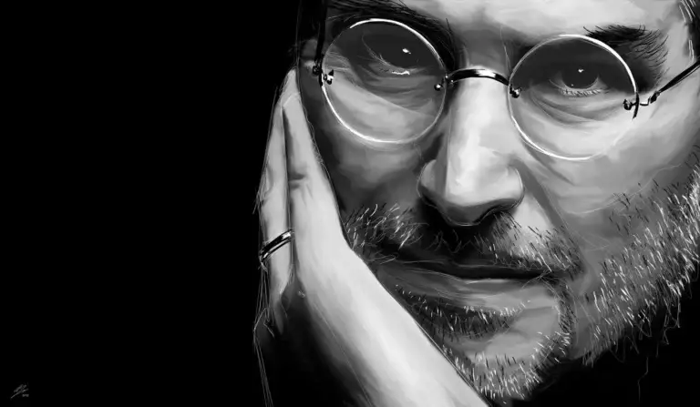 Portrait numérique abouti en noir et blanc de Steve Jobs, main sur le visage, regard intense derrière ses lunettes rondes