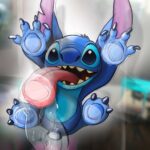 Peinture numérique réaliste et fun de Stitch, écrasé contre une vitre en la léchant. Impression d'art sur Dibon mat.