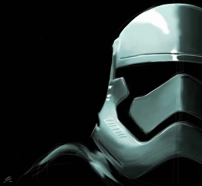 Peinture numérique au format carré 60×60 cm représentant un casque de Stormtrooper du First Order de Star Wars en profil-trois-quarts à droite, blanc-argenté brillant éclairé en lumière froide cyan-bleutée, visière noire incurvée et modules respiratoires visibles, traits d'esquisse blancs apparents au stylet, fond noir absolu.