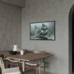 Vue latérale du tableau requin, montrant le profil fin de l'Alu Dibond et l'élégance du cadre caisse américaine noire.