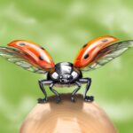 Gros plan artistique sur une coccinelle, ailes oranges ouvertes, peinte à la main sur tablette graphique.