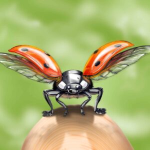 Gros plan artistique sur une coccinelle, ailes oranges ouvertes, peinte à la main sur tablette graphique.