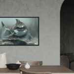 Tableau panoramique grand format d'un requin blanc sous l'eau, accroché dans une salle à manger au style brut et minéral.