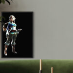L'œuvre Zelda de Jocelyn Bouget exposée dans un salon contemporain au-dessus d'un canapé vert, encadrée en caisse américaine.
