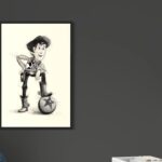 Mise en situation du tableau 'Woody' de Jocelyn Bouget, un croquis numérique abouti avec caisse américaine noire.