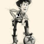 Croquis numérique de Woody de Toy Story, posant fièrement le pied sur le ballon Pixar. Impression d'art sur Dibond mat