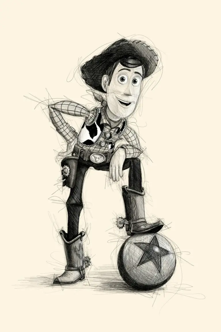 Croquis numérique de Woody de Toy Story, posant fièrement le pied sur le ballon Pixar. Impression d'art sur Dibond mat