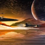 Peinture numérique au format panoramique horizontal 90×50 cm représentant trois chasseurs X-Wings de la Résistance de Star Wars en patrouille au crépuscule, un X-Wing au premier plan à gauche en trois-quarts profil avec ailes en X dépliées en position de combat, deux X-Wings plus petits en formation au second plan filant vers l'horizon avec trainées de propulsion blanche-orangée, ciel crépusculaire orangé-rouge strié de nuages, trois planètes-lunes rouille en arrière-plan, mer-miroir au sol, montagnes à l'horizon, style hybride concept-art et peinture mate.