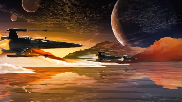 Peinture numérique au format panoramique horizontal 90×50 cm représentant trois chasseurs X-Wings de la Résistance de Star Wars en patrouille au crépuscule, un X-Wing au premier plan à gauche en trois-quarts profil avec ailes en X dépliées en position de combat, deux X-Wings plus petits en formation au second plan filant vers l'horizon avec trainées de propulsion blanche-orangée, ciel crépusculaire orangé-rouge strié de nuages, trois planètes-lunes rouille en arrière-plan, mer-miroir au sol, montagnes à l'horizon, style hybride concept-art et peinture mate.