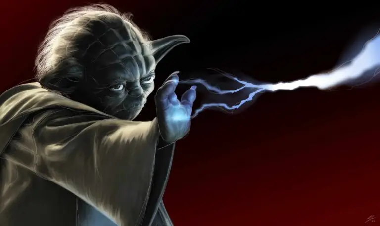 Peinture numérique au format panoramique horizontal 90×50 cm représentant Maître Yoda de Star Wars en plan-poitrine à gauche du cadre, visage gris-vert ridé concentré et sourcils froncés, oreilles pointues, drapé dans sa robe Jedi beige-crème, main droite tendue vers la droite paume ouverte qui absorbe et redirige un éclair de Force bleu-blanc électrique venant du hors-champ droit, fond rouge sang dégradé vers noir, traits d'esquisse blancs apparents.